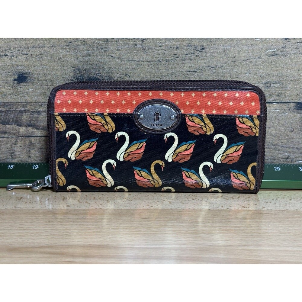 NEW Authentic Fossil Key-Per Brown/Orange Swan Print Card Wallet Fall Colors - Picture 4 of 16